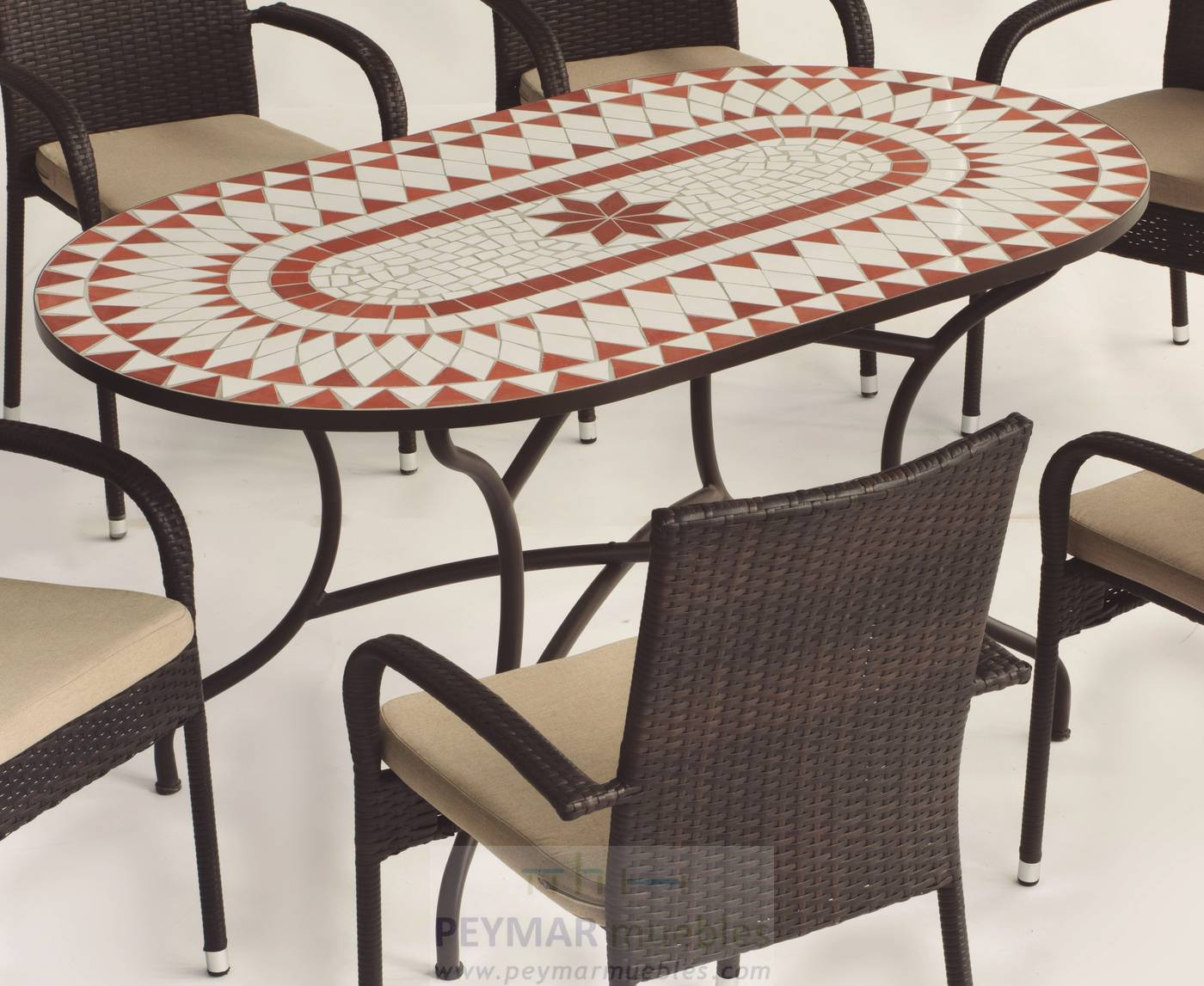 Conjunto Mosaico Neypal150-Bergamo - Conjunto de forja color bronce: mesa con tablero mosaico de 150 cm + 6 sillones con cojines asiento.