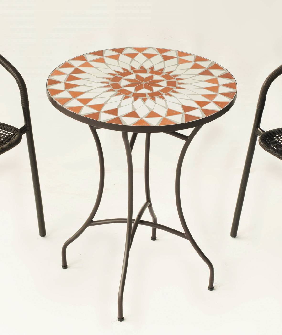 Conjunto Mosaico Neypal-Marsel - Mesa de forja color bronce, con tablero mosaico de 60 cm + 2 sillones apilables de aluminio con cojín.