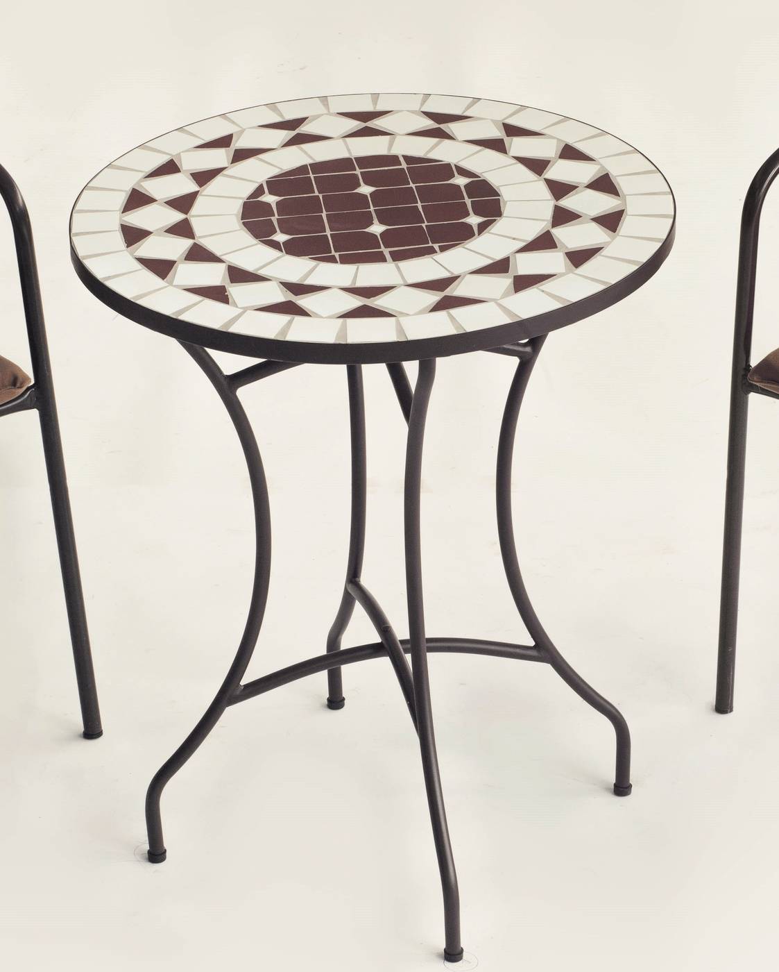 Conjunto Mosaico Oran-Marsel - Mesa de forja color bronce, con tablero mosaico de 60 cm + 2 sillones apilables de aluminio con cojín.