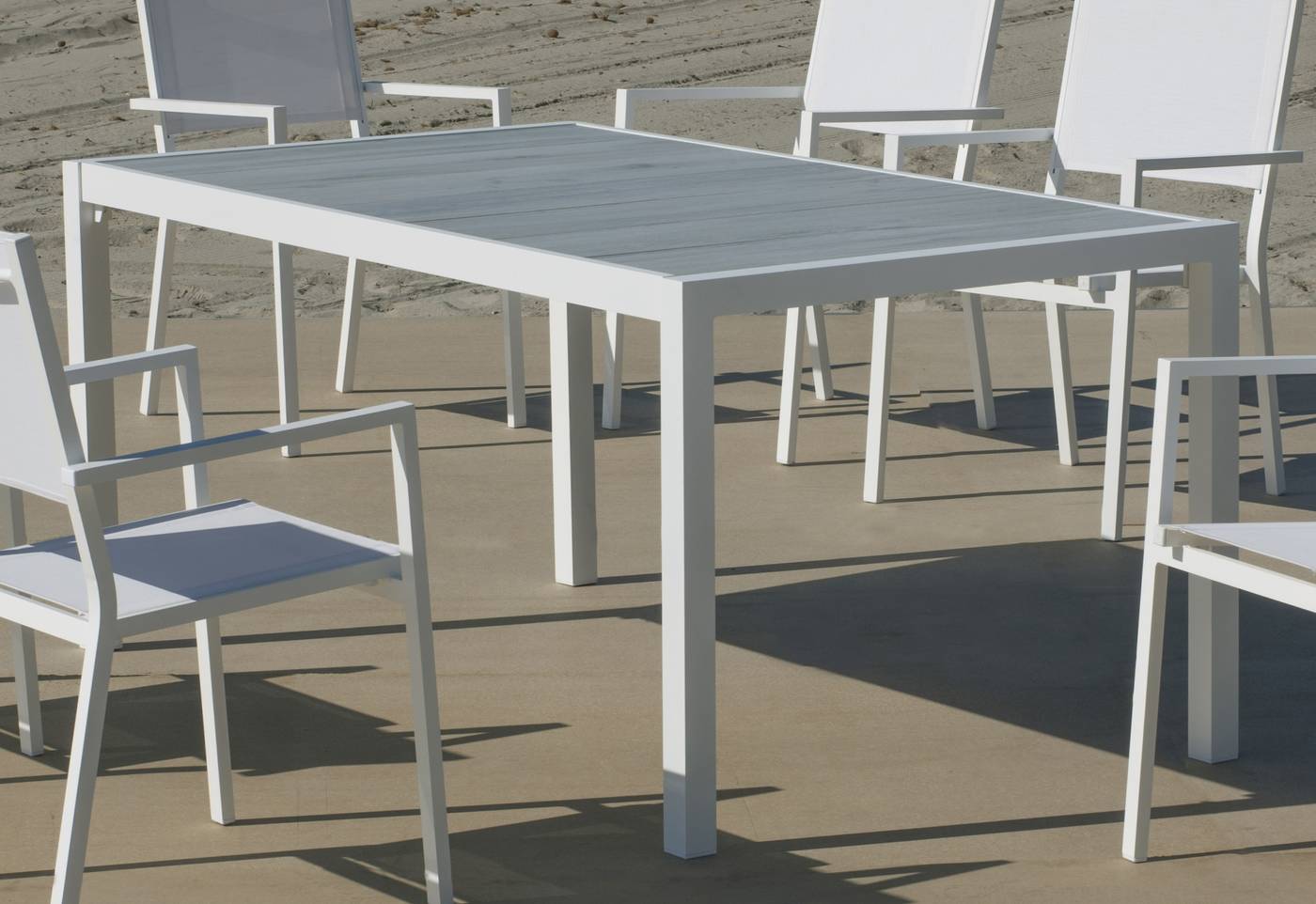 Set Palermo-160-6 Córcega - Conjunto de aluminio para jardín: Mesa rectangular con tablero cerámico de 160 cm + 6 sillones de textilen. Colores: blanco y antracita.