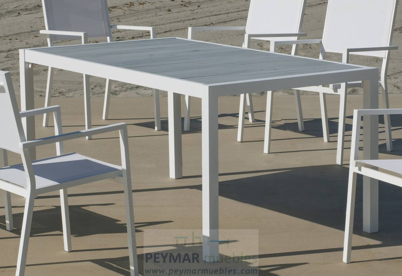 Set Palermo-160-6 Palma - Conjunto de aluminio para jardín: Mesa rectangular con tablero cerámico de 160 cm + 6 sillones. Colores: blanco o antracita.