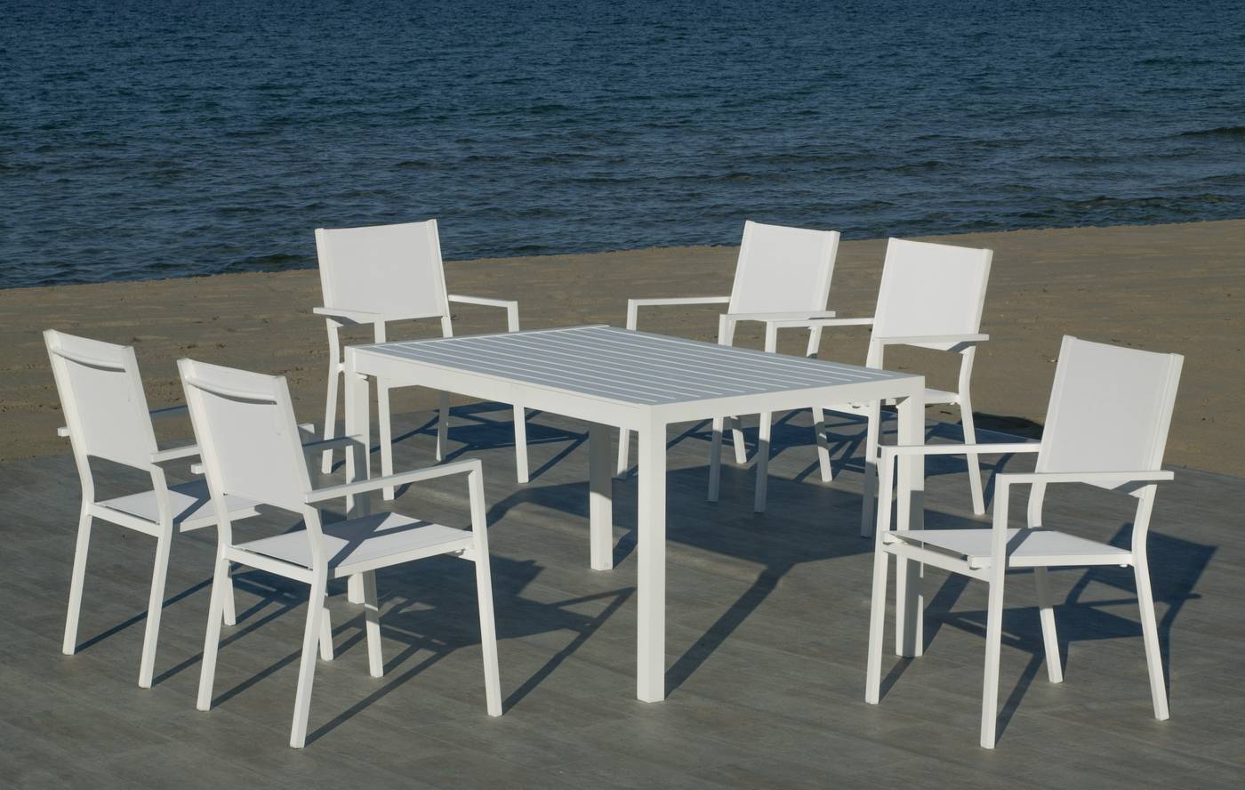 Conjunto de aluminio: Mesa de comedor rectangular de 150 cm. + 4 sillones de textilen. Disponible en color blanco, antracita, champagne, plata o marrón.