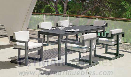 Set Aluminio Alhama-200/6 - Conjunto de aluminio color blanco, antracita, champagne, plata o marrón. Mesa de comedor de 200cm. + 6 sillones con cojines.