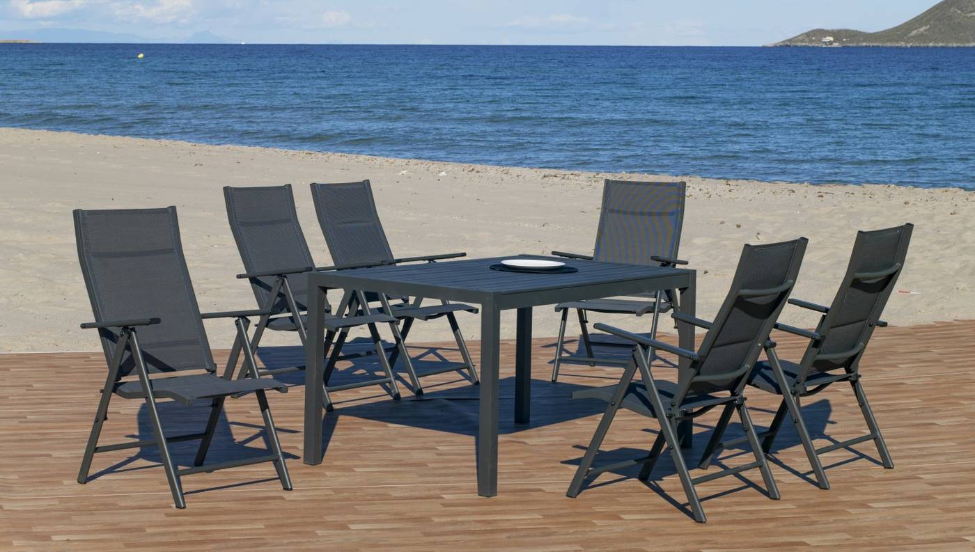 Conjunto aluminio color antracita: Mesa rectangular 150 cm + 4 tumbonas con asiento y respaldo textilen.