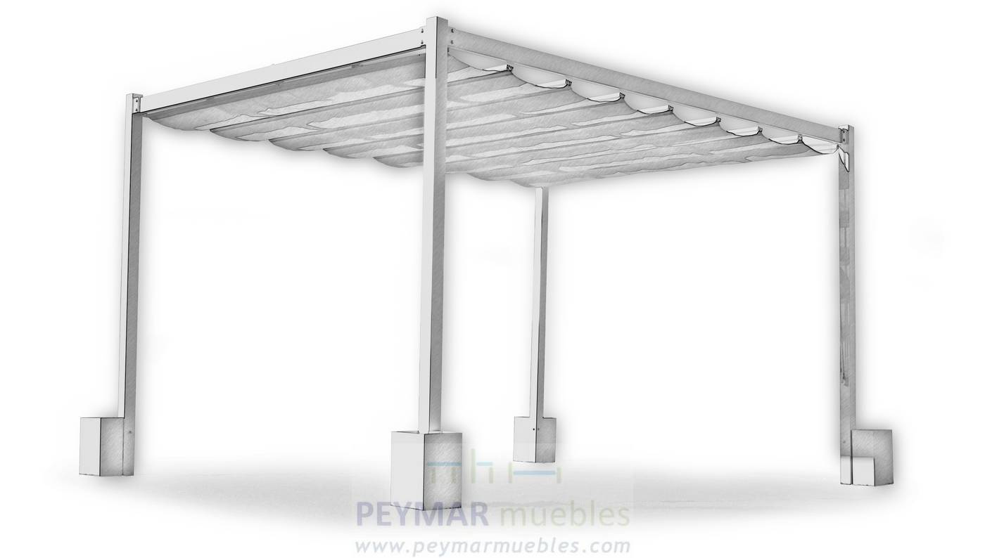 Pérgola toldo retráctil Kavana - Pérgola con toldo superior retráctil. Estructura y toldo color blanco. Con 4 jardinera rellenables con 25Kg por unidad.