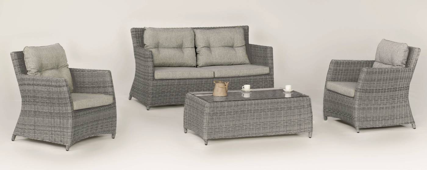 Conjunto de ratán sintético color gris: 1 sofá de 2 plazas + 2 sillones + 1 mesa de centro + cojines a juego