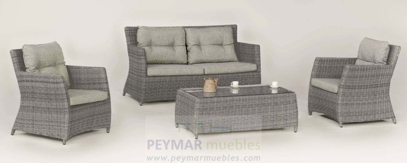 Conjunto de ratán sintético color gris: 1 sofá de 2 plazas + 2 sillones + 1 mesa de centro + cojines a juego