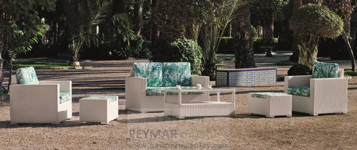 Conjunto Ratán Sint. Tuscan-9 - Conjunto de ratán sintético color blanco: sofá 2 plazas + 2 sillones + 2 reposapiés + mesa de centro