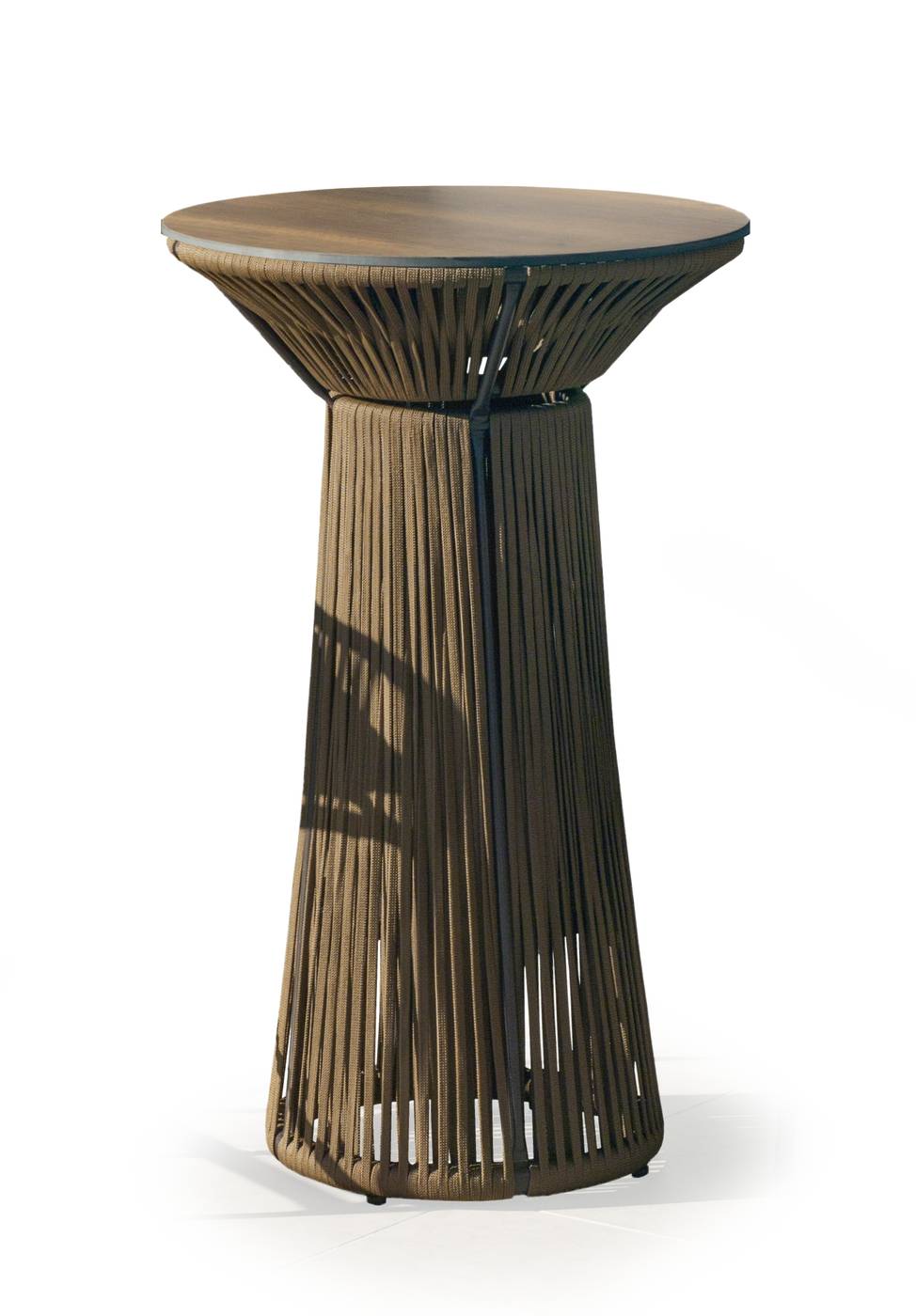 Mesa Coctel Rodhos-70 - Mesa alta de coctel de 70 cm, con tablero HPL ultra resistente. Estructura aluminio revestida de cuerda. Colores: blanco, gris, marrón o champagne.