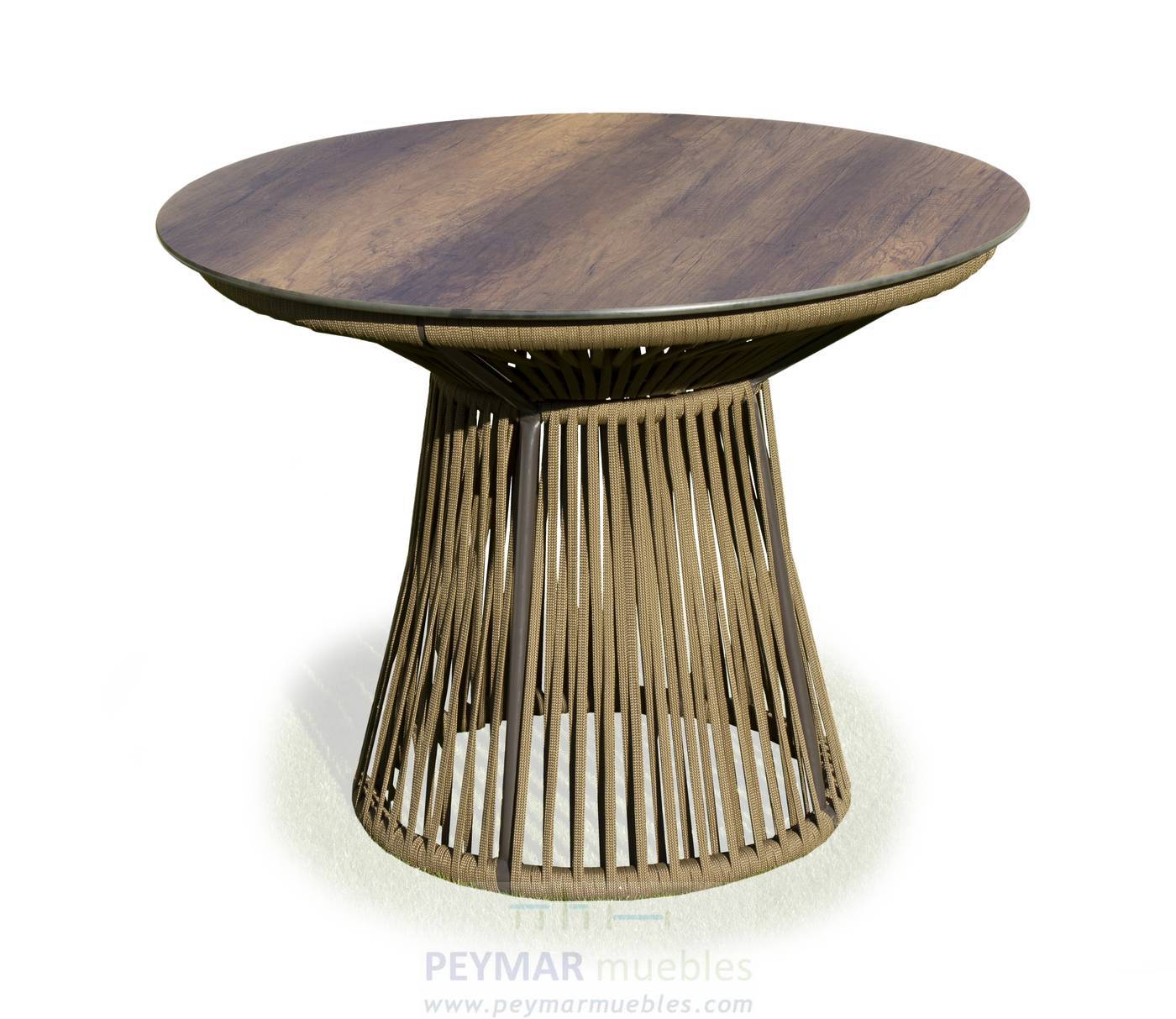Mesa circular 90 cm, con tablero HPL ultra resistente. Estructura aluminio revestida de cuerda. Colores: blanco, gris, marrón o champagne.