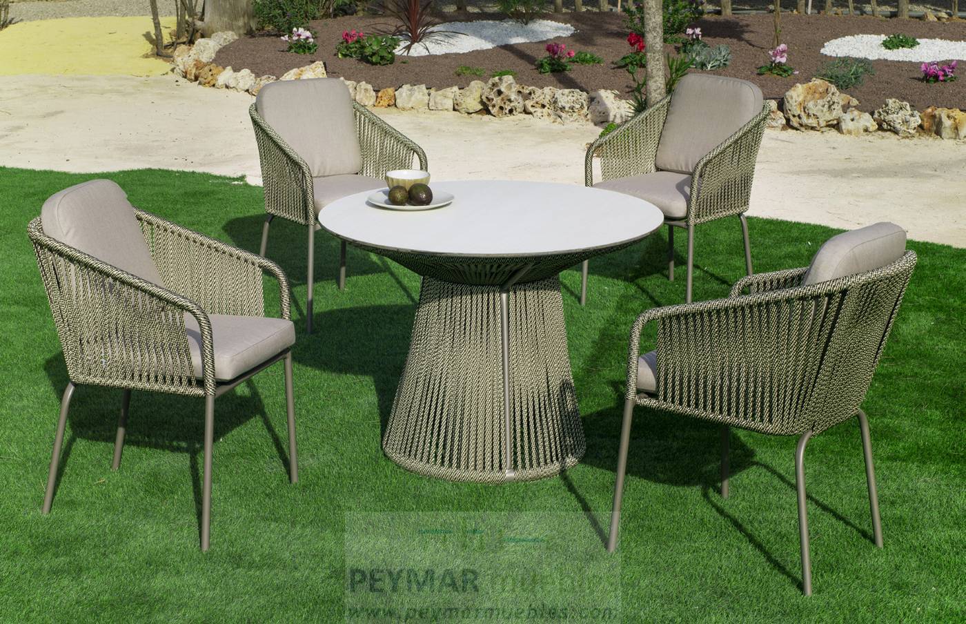 Mesa Cuerda Rodhos-90 - Mesa circular 90 cm, con tablero HPL ultra resistente. Estructura aluminio revestida de cuerda. Colores: blanco, gris, marrón o champagne.