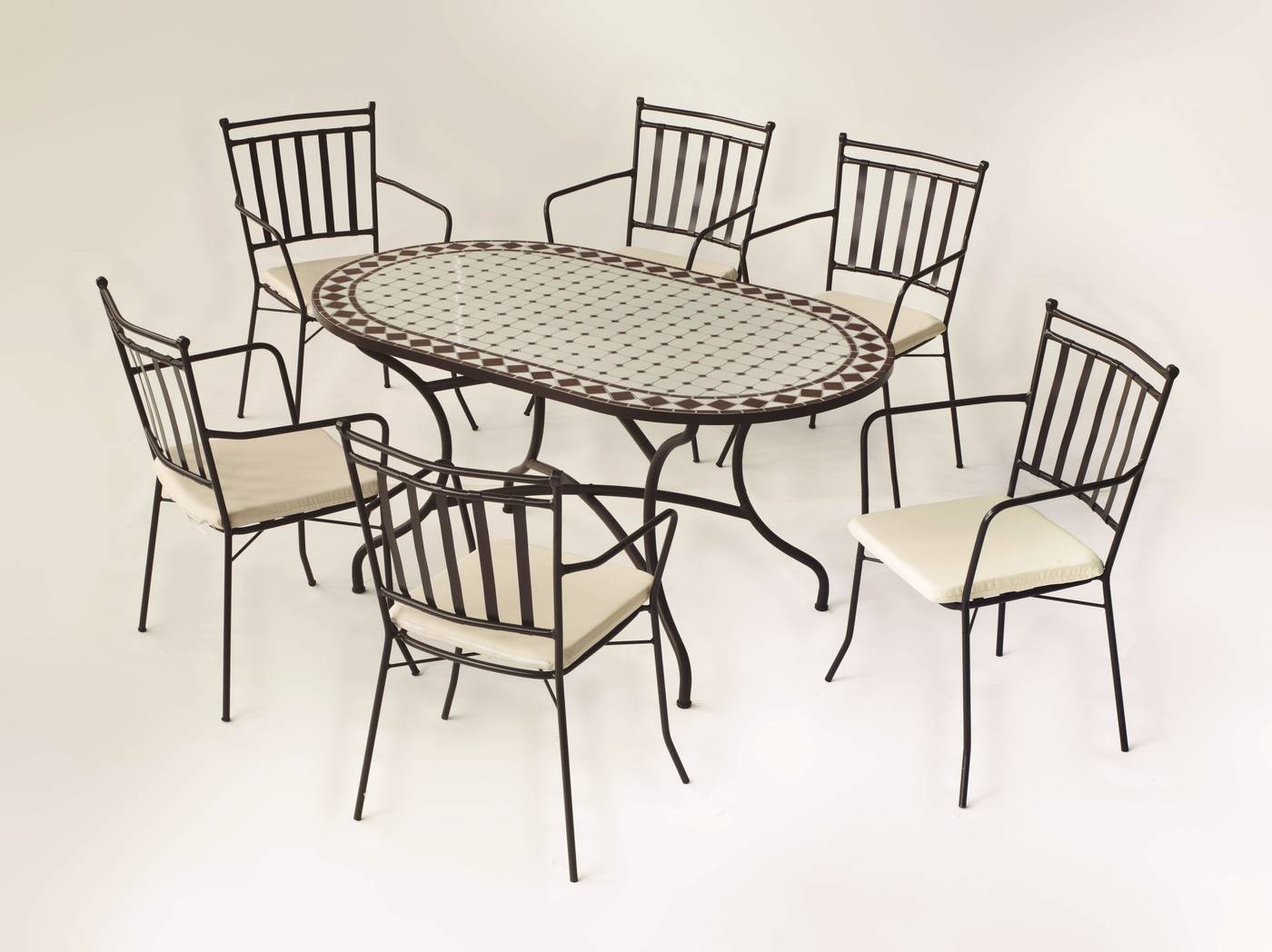 Conjunto de forja color bronce: mesa con tablero mosaico de 150 cm + 6 sillones con cojines asiento.
