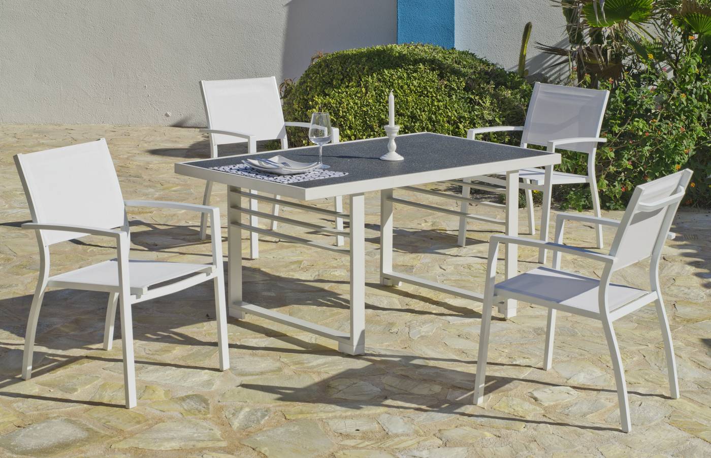 Sillón Aluminio Elva - Sillón de jardín apilable, de aluminio color blanco, Textilen en asiento y respaldo blanco