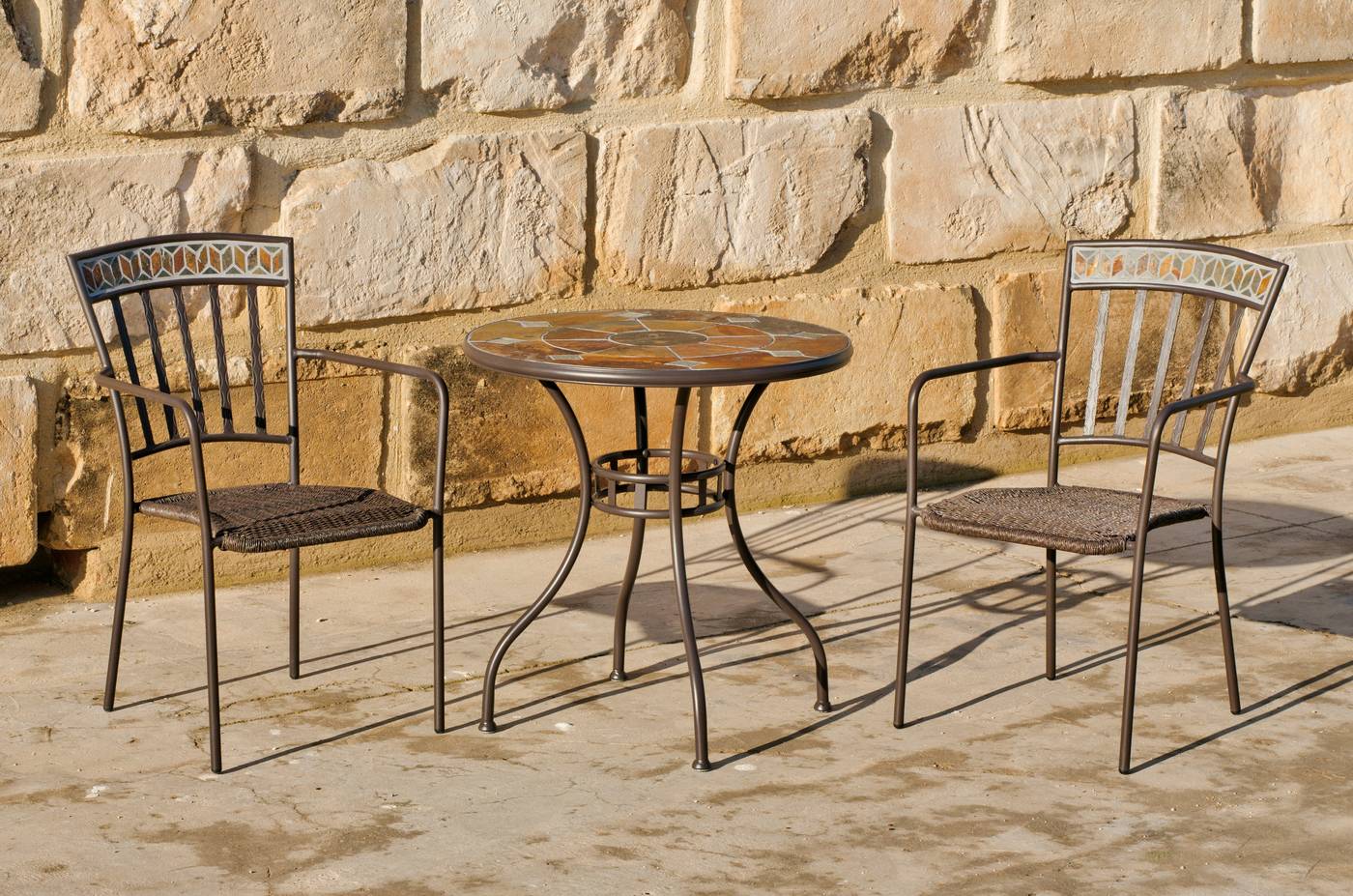 Conjunto de forja de lujo: mesa con panel mosaico 70 cm + 2 sillones de forja apilables