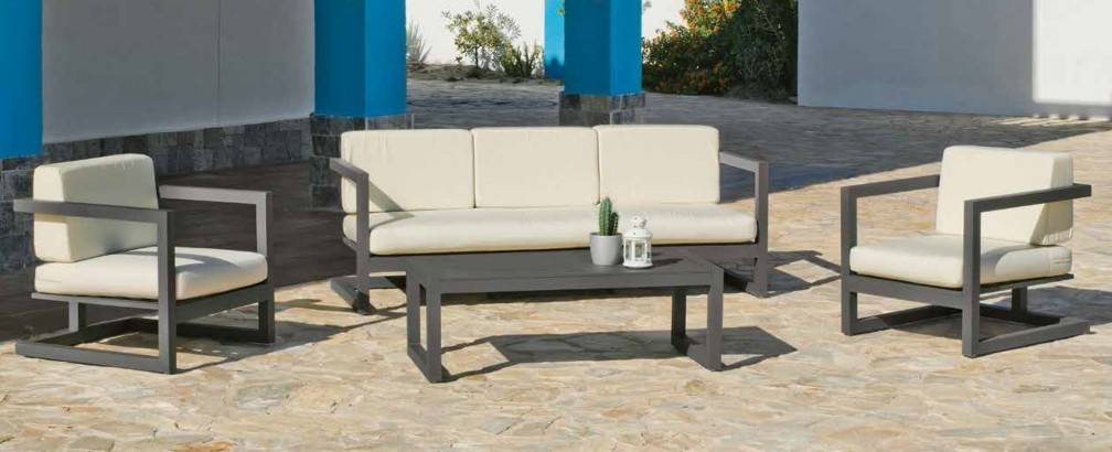 Sofá Aluminio Alhama-3 - Sofá relax 3 plazas con cojines gran confort desenfundables. Estructura aluminio color blanco o antracita.