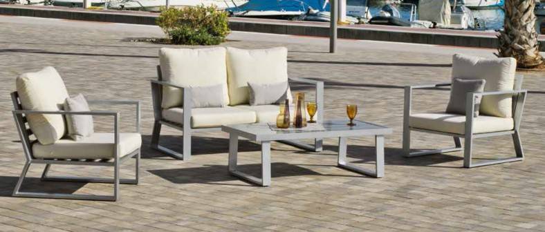 Set Aluminio Bolonia-7 - Conjunto aluminio  lujo: 1 sofá de 2 plazas + 2 sillones + 1 mesa de centro. Disponible en color blanco, plata, marrón, champagne o antracita.