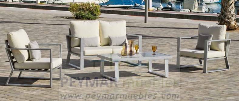 Set Aluminio Bolonia-7 - Conjunto aluminio  lujo: 1 sofá de 2 plazas + 2 sillones + 1 mesa de centro. Disponible en color blanco, plata, marrón, champagne o antracita.