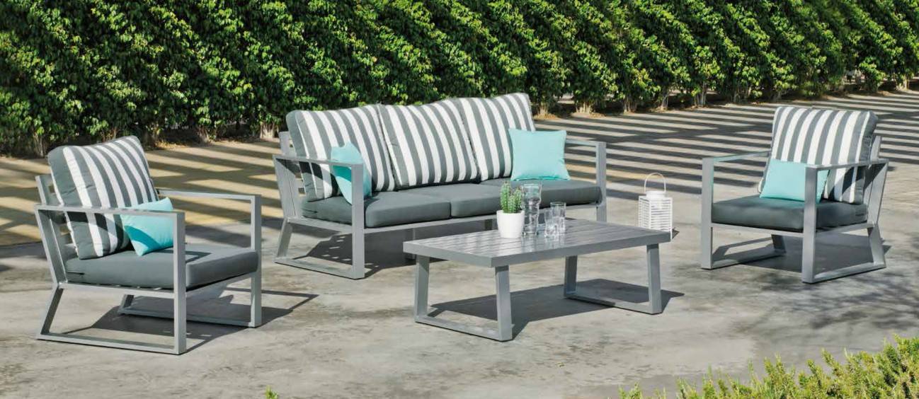 Set Aluminio Bolonia-8 - Conjunto aluminio  lujo: 1 sofá de 3 plazas + 2 sillones + 1 mesa de centro. Disponible en color blanco, plata, marrón, champagne o antracita.