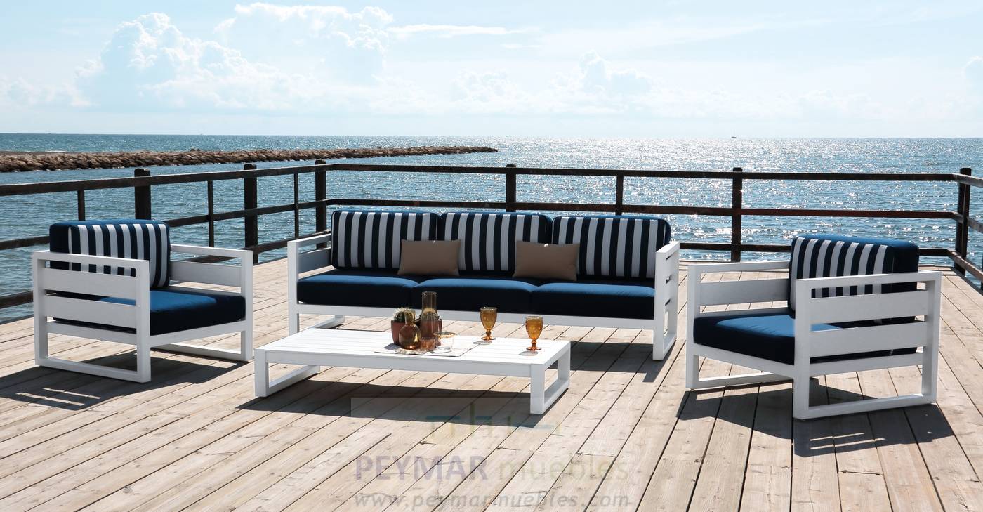 Set Aluminio Luxe Cosmos-10 - Conjunto lujo de aluminio color blanco, antracita, champagne, plata o marrón: 1 sofá de 3 plazas + 2 sillones + 1 mesa de centro + 2 taburetes.