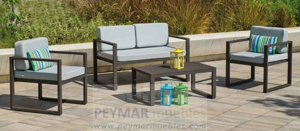 Set Aluminio Munich-7 - Conjunto aluminio : 1 sofá de 2 plazas + 2 sillones + 1 mesa de centro + cojines. Disponible en color blanco, plata o antracita.