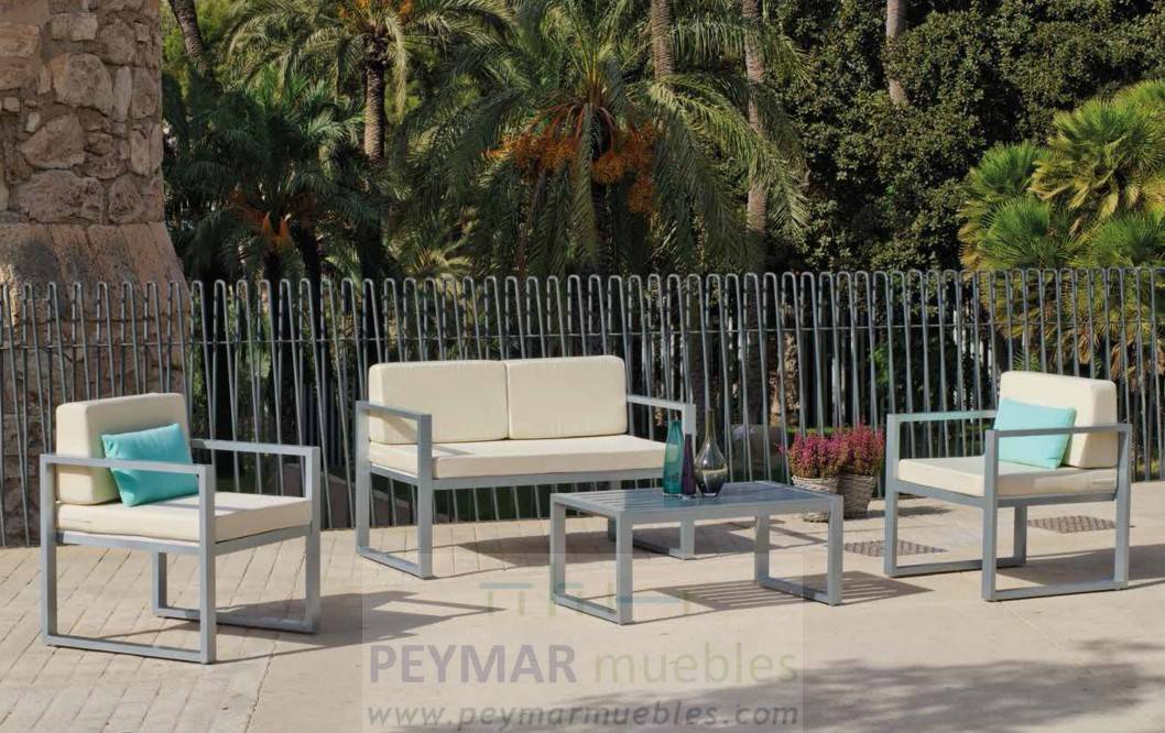 Set Aluminio Munich-7 - Conjunto aluminio : 1 sofá de 2 plazas + 2 sillones + 1 mesa de centro + cojines. Disponible en color blanco, plata o antracita.