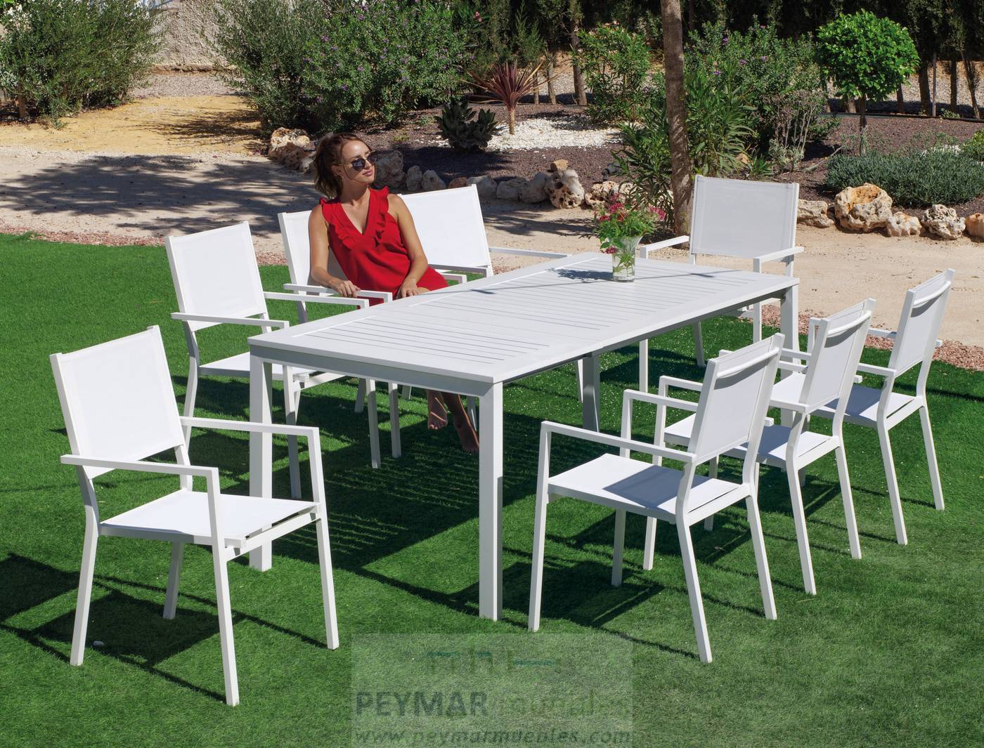 Mesa Extensible Singapur-265 - Mesa de 200cm extensible a 265cm, con tablero de lamas de aluminio. Estructura aluminio color blanco o antracita.