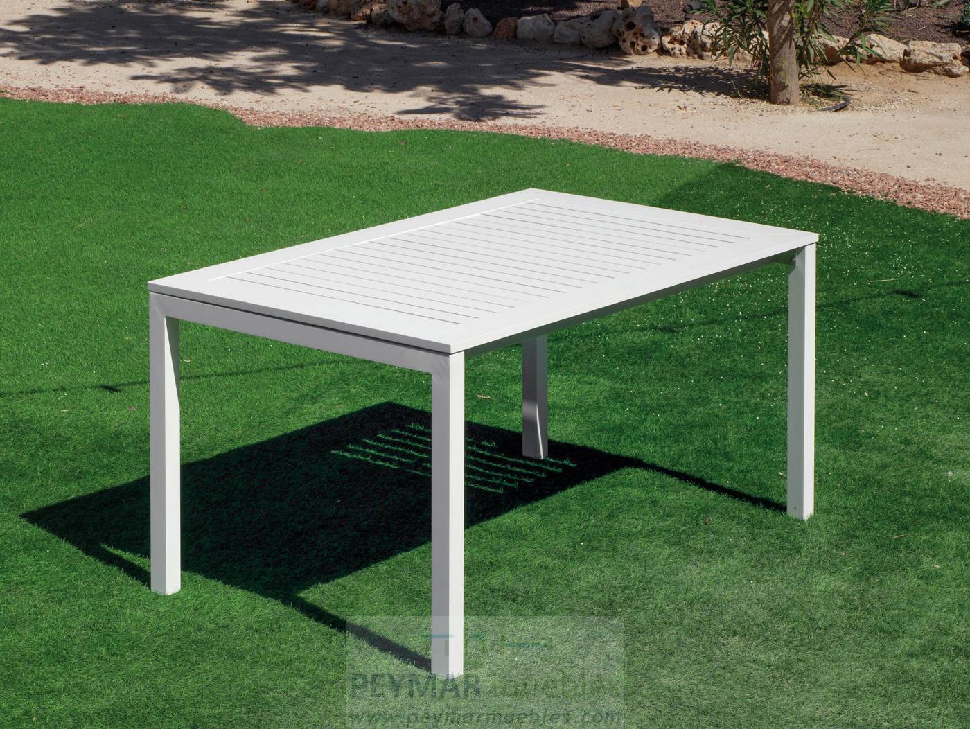 Mesa Extensible Singapur-265 - Mesa de 200cm extensible a 265cm, con tablero de lamas de aluminio. Estructura aluminio color blanco o antracita.