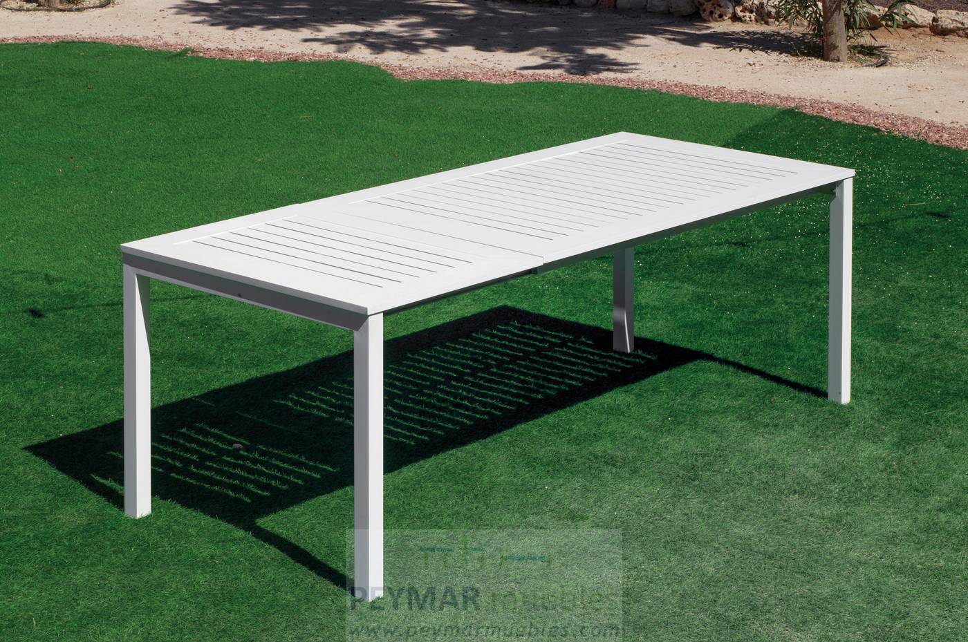 Mesa Extensible Singapur-215 - Mesa de 150cm extensible a 215cm, con tablero de lamas de aluminio. Estructura aluminio color blanco, antracita, champagne, plata o marrón.