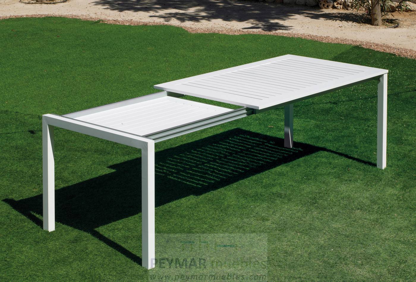 Mesa Extensible Singapur-265 - Mesa de 200cm extensible a 265cm, con tablero de lamas de aluminio. Estructura aluminio color blanco o antracita.