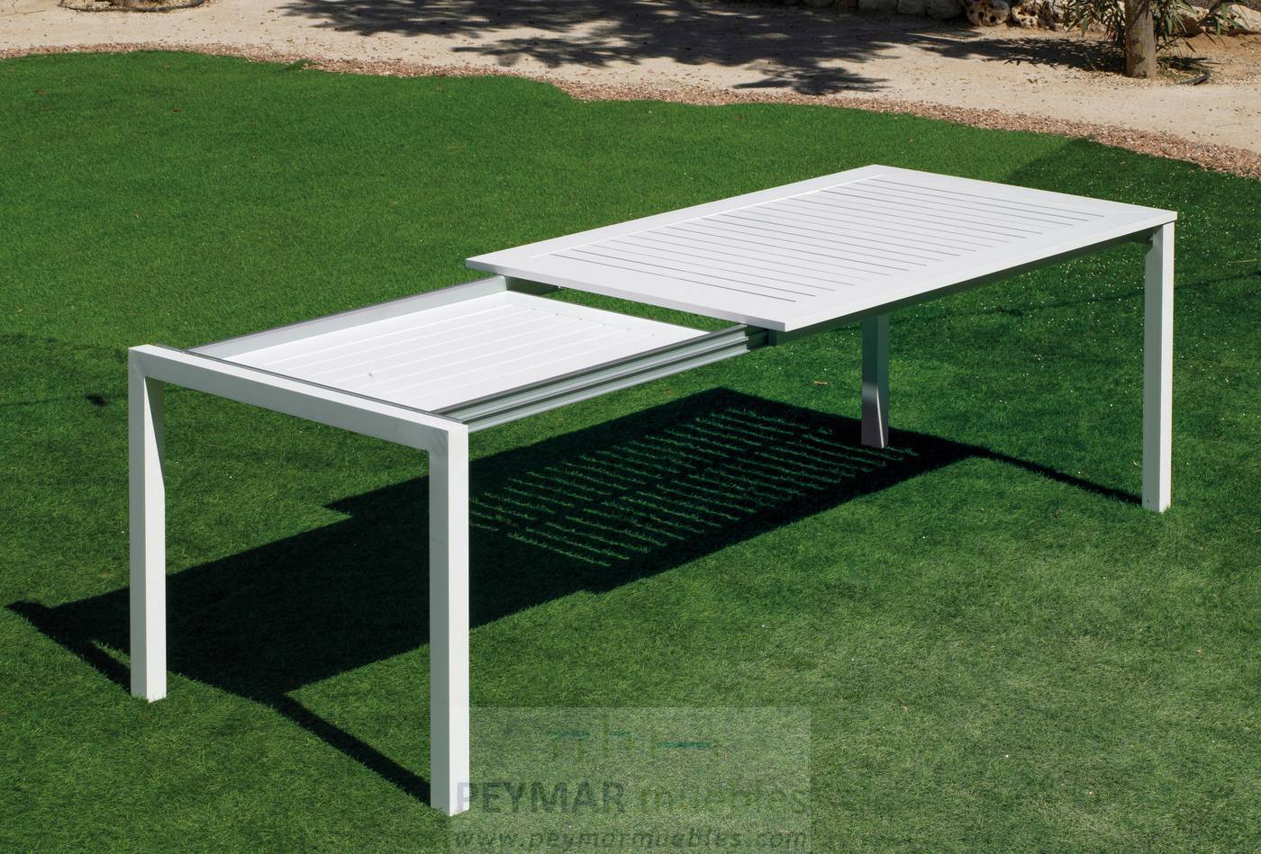 Mesa Extensible Singapur-265 - Mesa de 200cm extensible a 265cm, con tablero de lamas de aluminio. Estructura aluminio color blanco, antracita, champagne, plata o marrón.