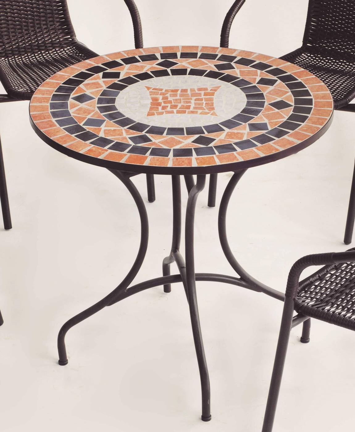Conjunto Mosaico Soria75-Marsel - Mesa de forja color bronce, con tablero mosaico de 75 cm + 4 sillones apilables de aluminio con cojín.