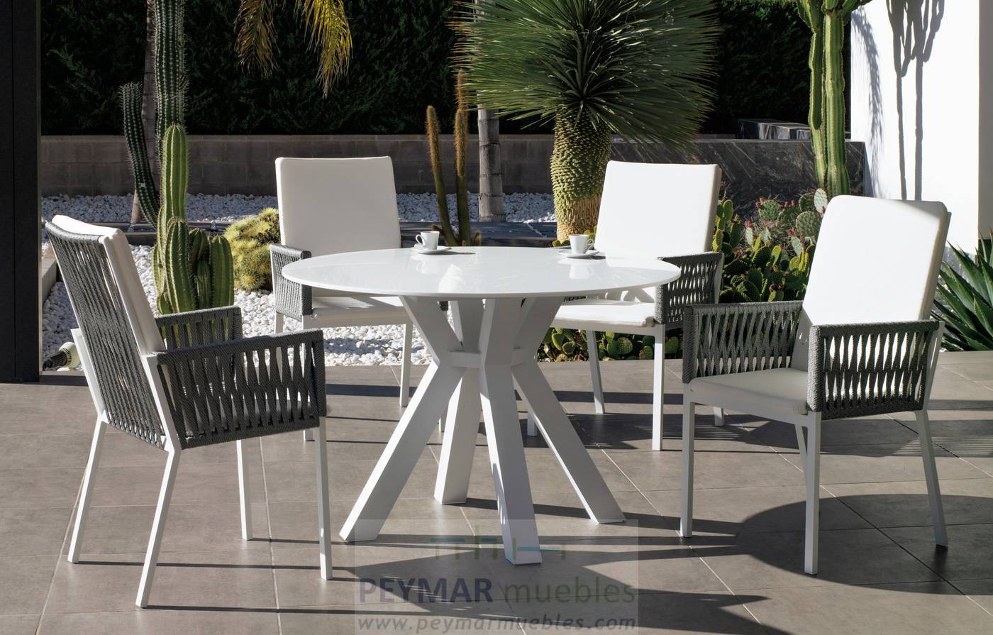 Mesa Krion Valonia-120 - Mesa lujo circular de 120 cm, con tablero de Krion de calidad superior. Estructura robusta de aluminio color blanco.