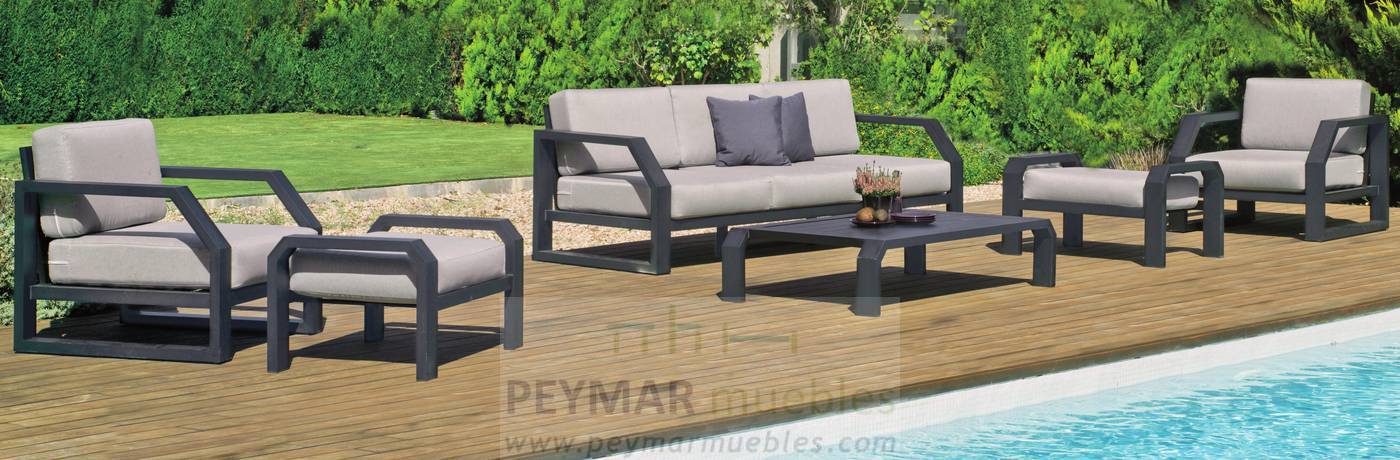 Set Aluminio Luxe Zafiro-8 - Conjunto lujo de aluminio: 1 sofá de 3 plazas + 2 sillones + 1 mesa de centro. Disponible en color blanco, antracita, champagne, plata o marrón