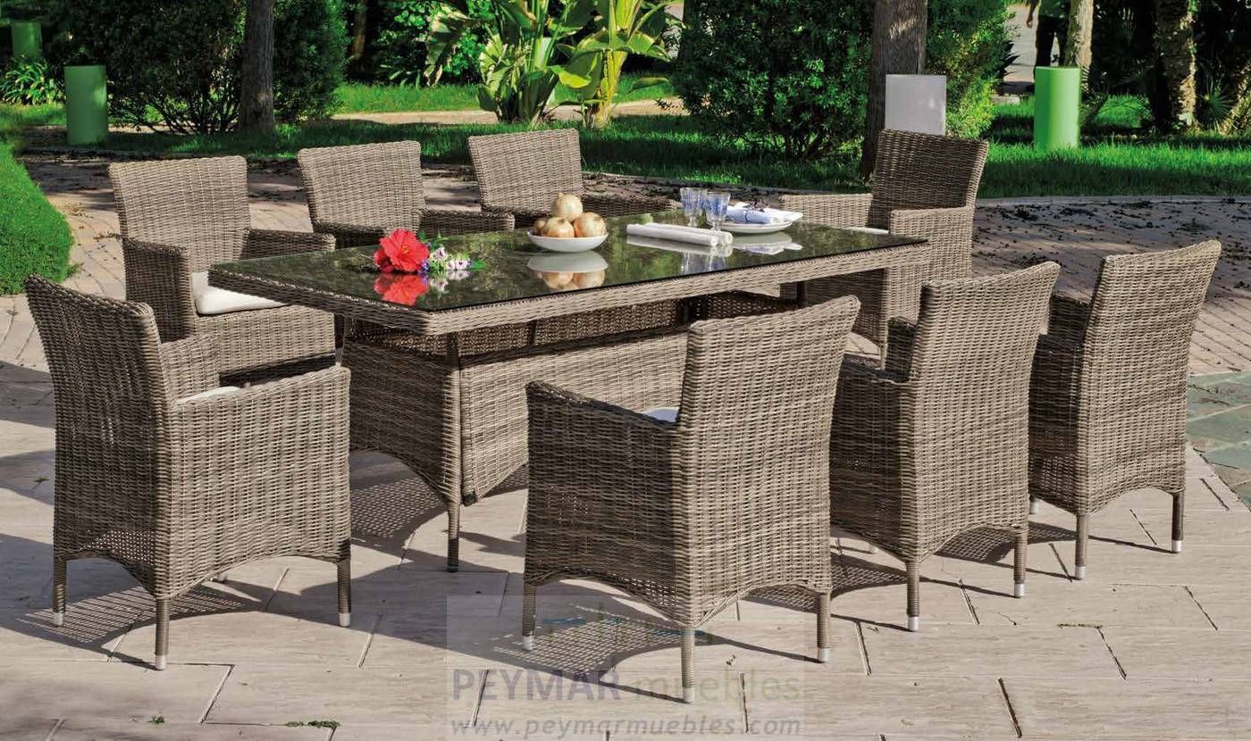 Mesa Ratán Borsalino-220 - Mesa de comedor de 220 cm. para jardín o terraza. Fabricada con médula sintética calidad extra. Tablero de cristal templado.