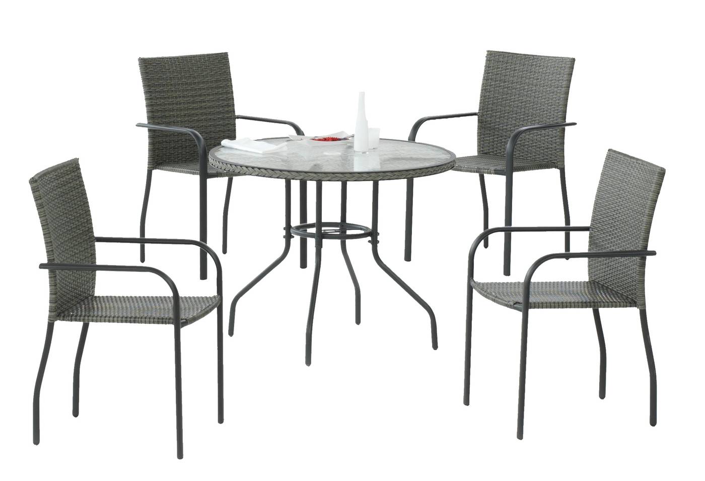 Conjunto de acero inoxidable color antracita y rattán sintético color gris: 1 mesa redonda 90 cm, con tablero de cristal templado + 4 sillones apilables