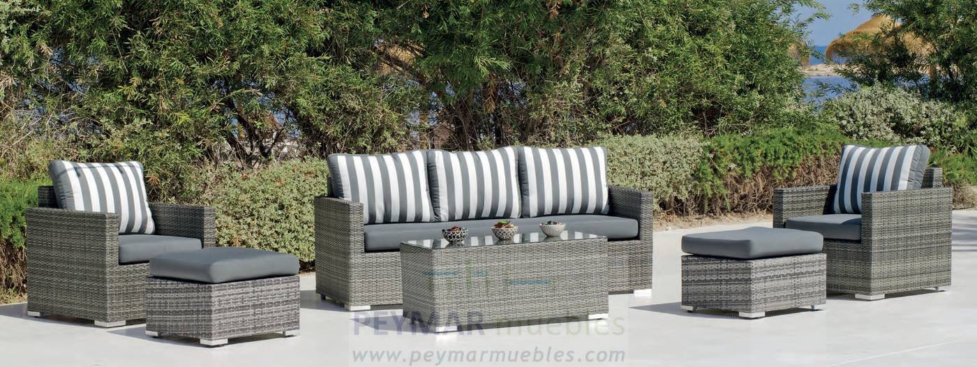 Conjunto Ratán Sintético Doha-8 - Cojunto de ratán sintético color mix-gris: 1 sofá 3 plazas + 2 sillones + 1 mesa de centro. Cojines Dralón color gris.