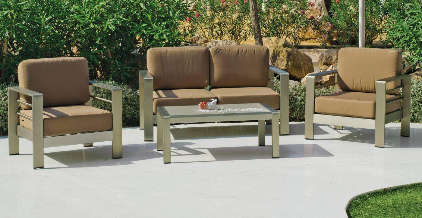 Conjunto de aluminio para jardín: 1 sofá de 2 plazas + 2 sillones + 1 mesa de centro + cojines.