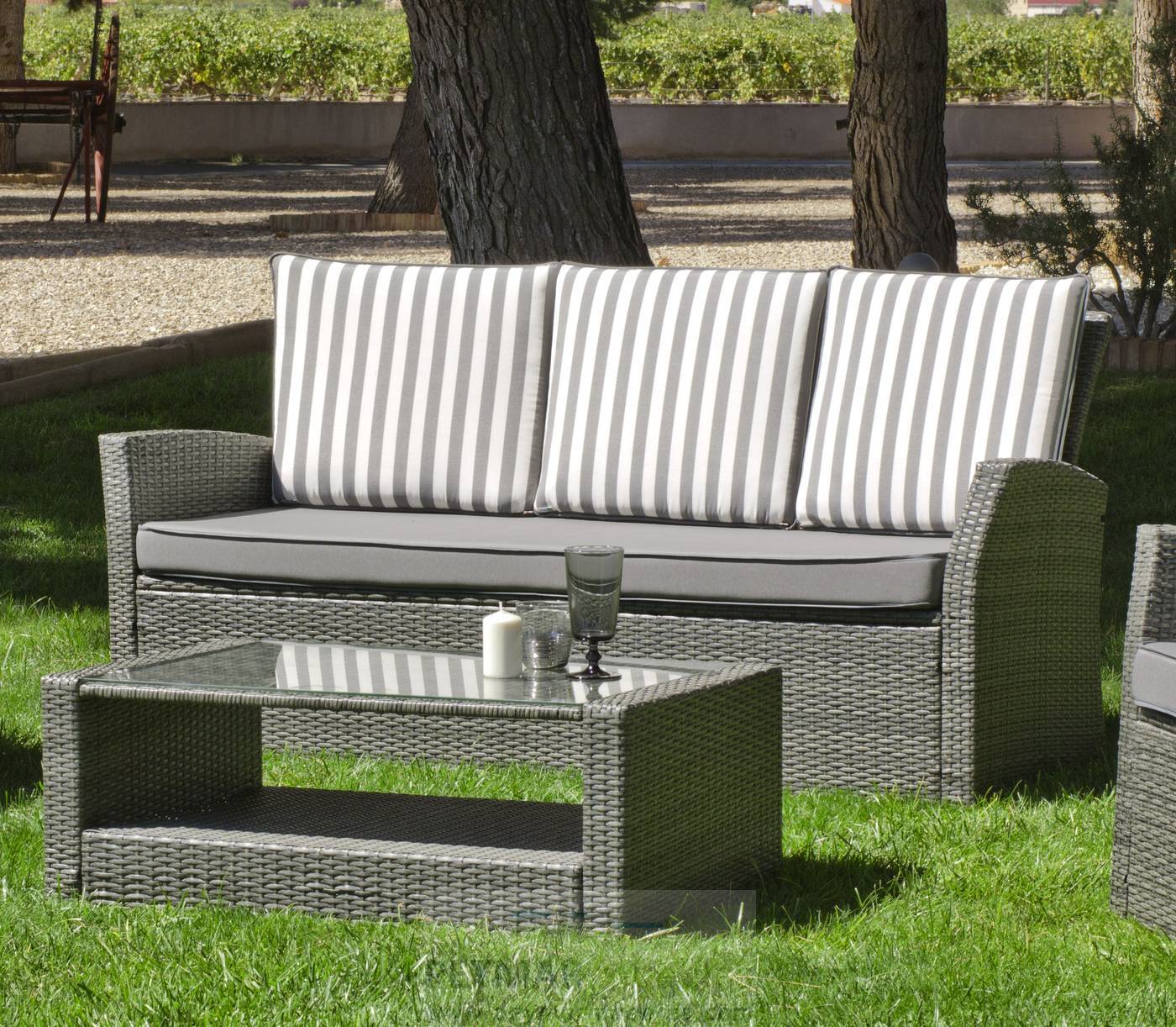 Conjunto Ratán Sintético Verona-8 - Conjunto de ratán sintético color mix-gris: sofá 3 plazas + 2 sillones + mesa de centro