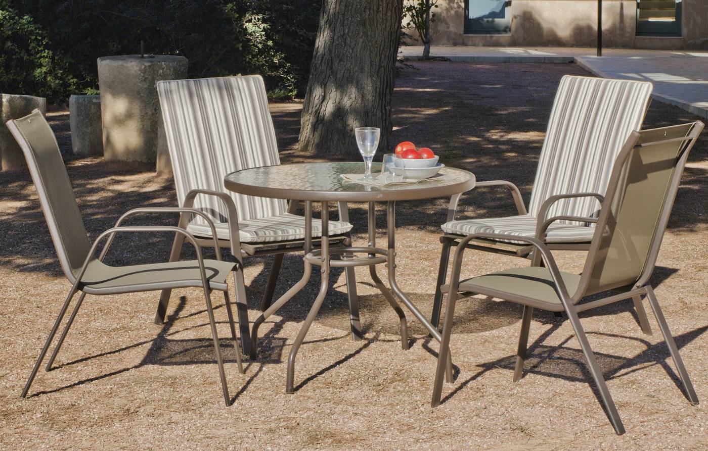 Set Acero Macao-90 - Conjunto de acero color bronce: mesa redonda de 90 cm. Con tapa de cristal templado + 4 sillones apilables de acero y textilen