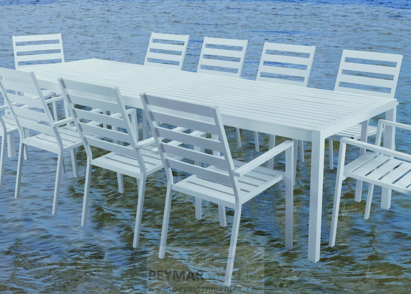 Mesa de 300 cm de aluminio, con tablero lamas de aluminio. Disponible en color blanco, plata o antracita.