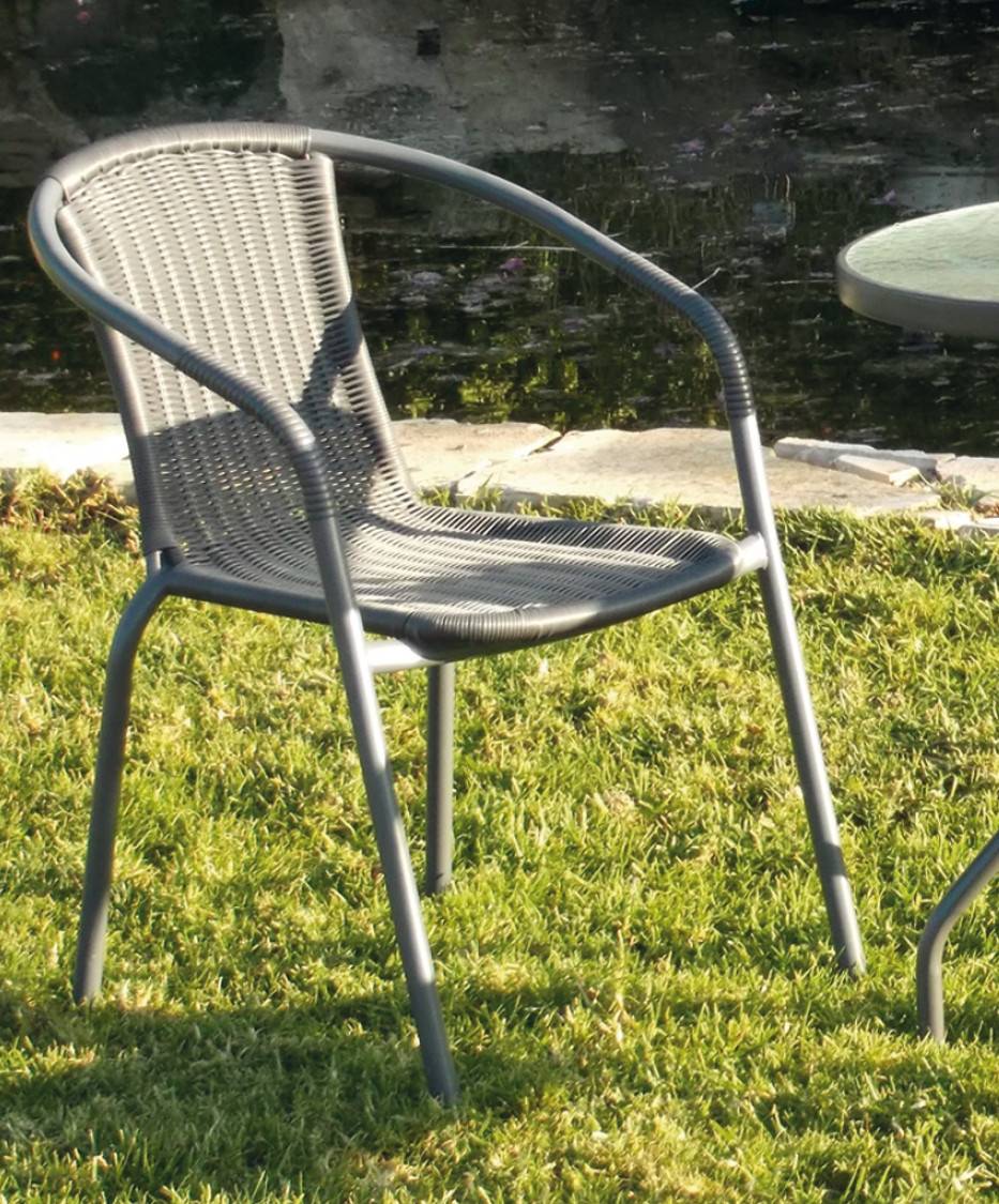 Set Acero Santana-60 - Conjunto de acero color antracita: mesa redonda con tablero de cristal templado de 60 cm. + 2 sillones apilables de wicker reforzado