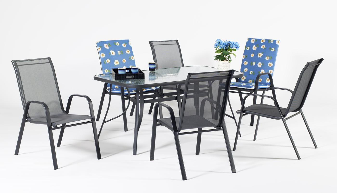 Conjunto de acero color antracita: mesa de 150 cm. Con tapa de cristal  templado y 4 sillones de acero