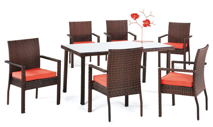 Conjunto Ratán Sint. Vet-4S - Conjunto de huitex color marrón: mesa rectangular de 150 cm. + 4 sillones apilables con cojines