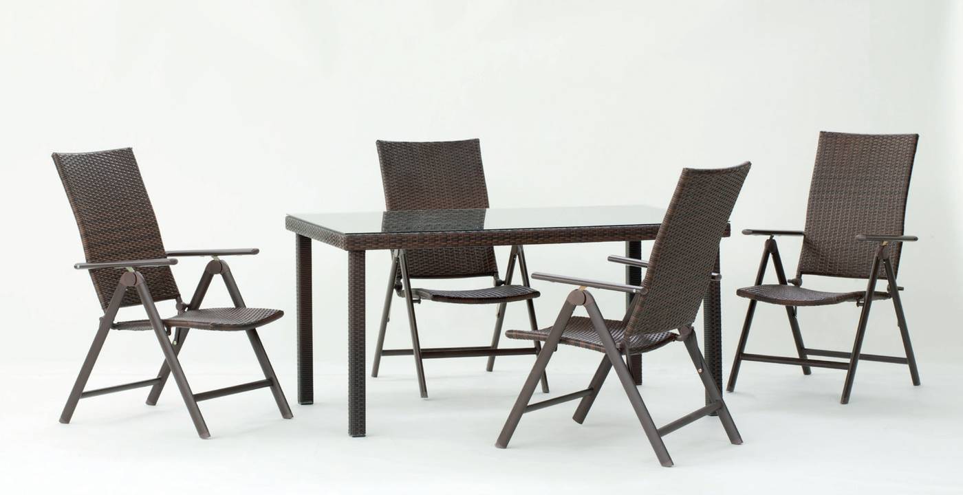 Conjunto Ratán Sint. Vet-4T - Conjunto de huitex color marrón: mesa de 150 cm. con tapa de cristal templado + 4 tumbonas con cojines